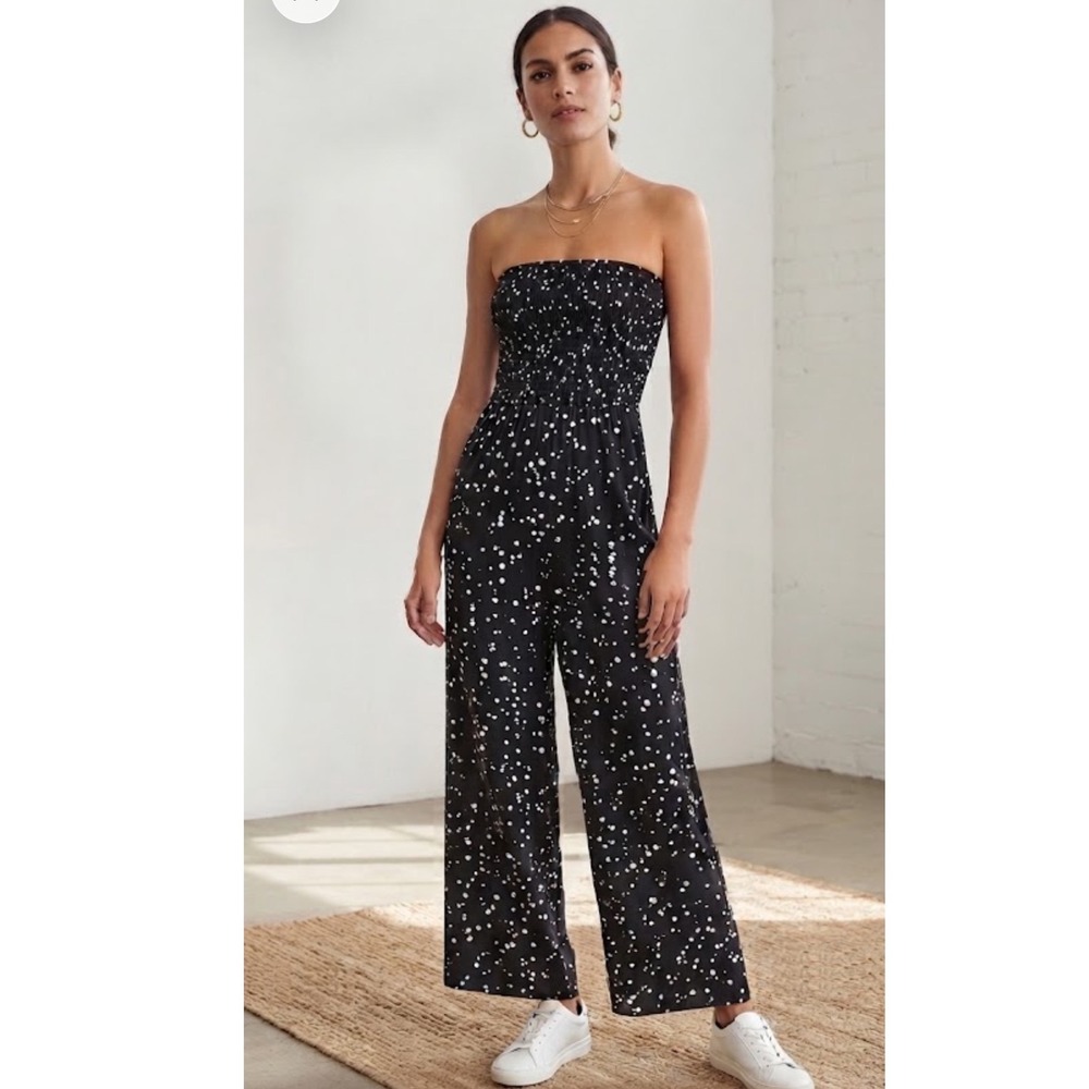 Silence + Noise | Black White Polka Dot Strapless Wide Leg Jumpsuit, Size M